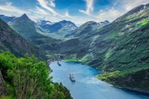 ships, sea, mountains, fjord, inlet, water, port, boats, cruise, travel, nature, mountain range